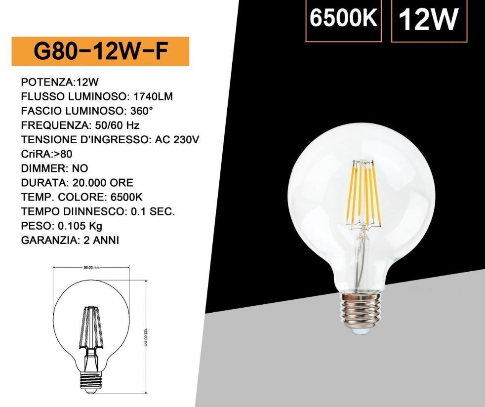 Lampadine LED E27 G80 12W, Confezione da 5 Pezzi, 1740LM, Luce 2700K/4000K/6500K, Globo in Vetro Trasparente Ø80mm, Illuminazione a 360°, Basso Consumo Energetico, Modello G80-12W