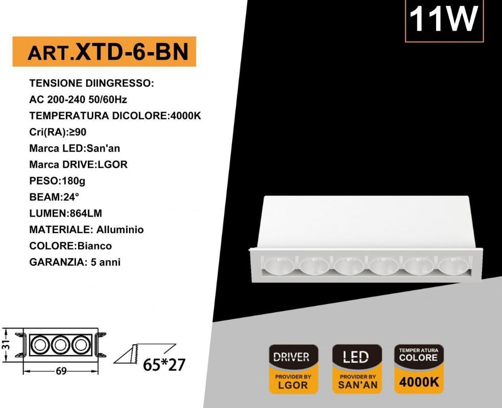 Faretto LED da Incasso Rettangolare 11W, 6 Spot, CRI ≥90, Fascio 24°, Alluminio Bianco, Faretti da Incasso per Cartongesso e Controsoffitto, 3000K/4000K/6500K, 1 Pezzo, XTD-6-B
