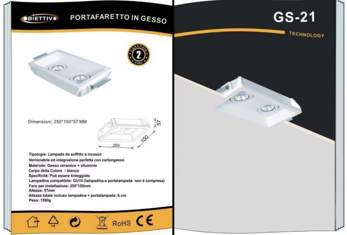 Portafaretto in Gesso da Incasso Doppio GU10 – Verniciabile, Lampada da Soffitto in Cartongesso, Bianco, Foro 255×155 mm GS-21