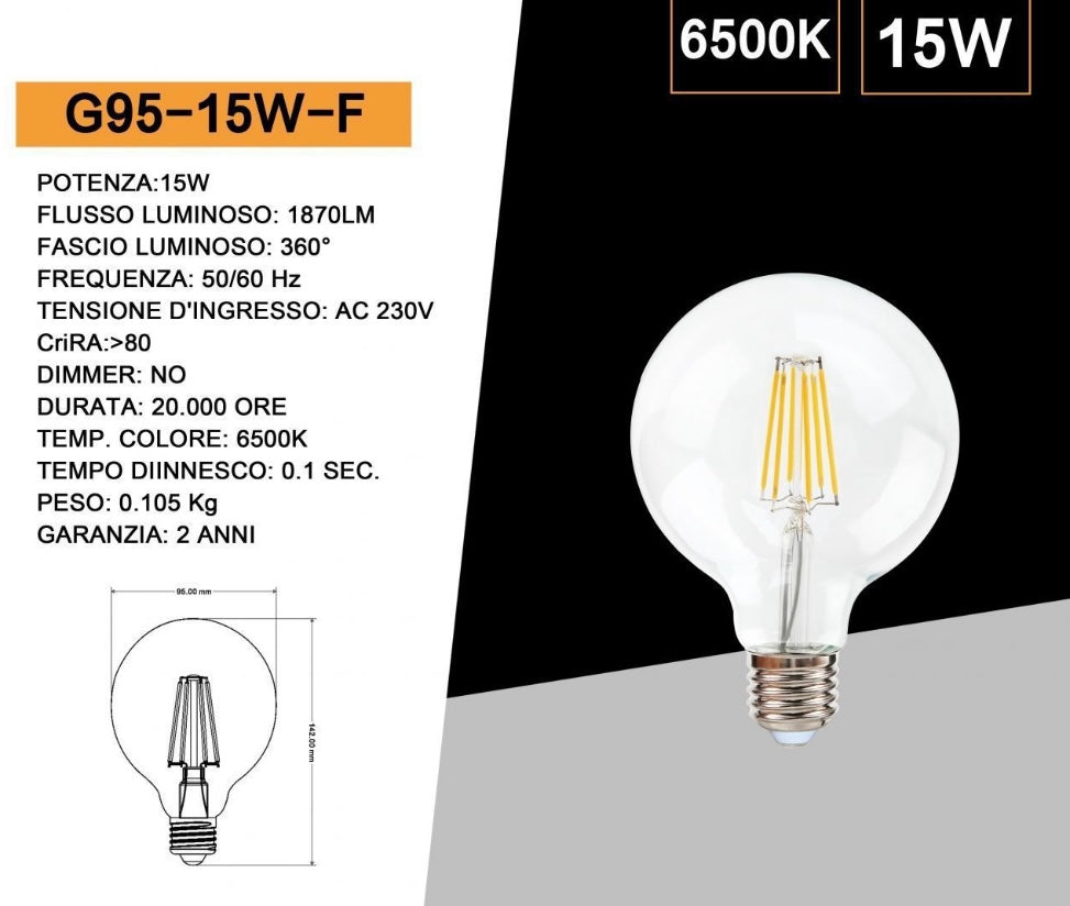Lampadine LED E27 G95 15W, Confezione da 5 Pezzi, 1870LM, Luce 3000K/4000K/6500K, Globo Grande in Vetro Trasparente Ø95mm, Illuminazione a 360°, Basso Consumo Energetico, Modello G95-15W
