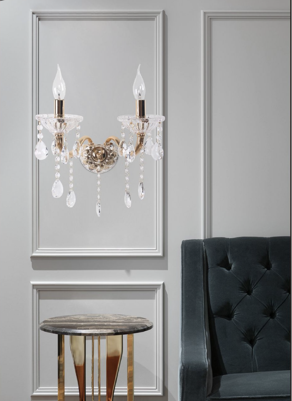 TEKHOME Applique da Muro Classica in Cristallo 2 Luci, Portalampada E14, Lampada da Parete Stile Candelabro, Vari Colori E35