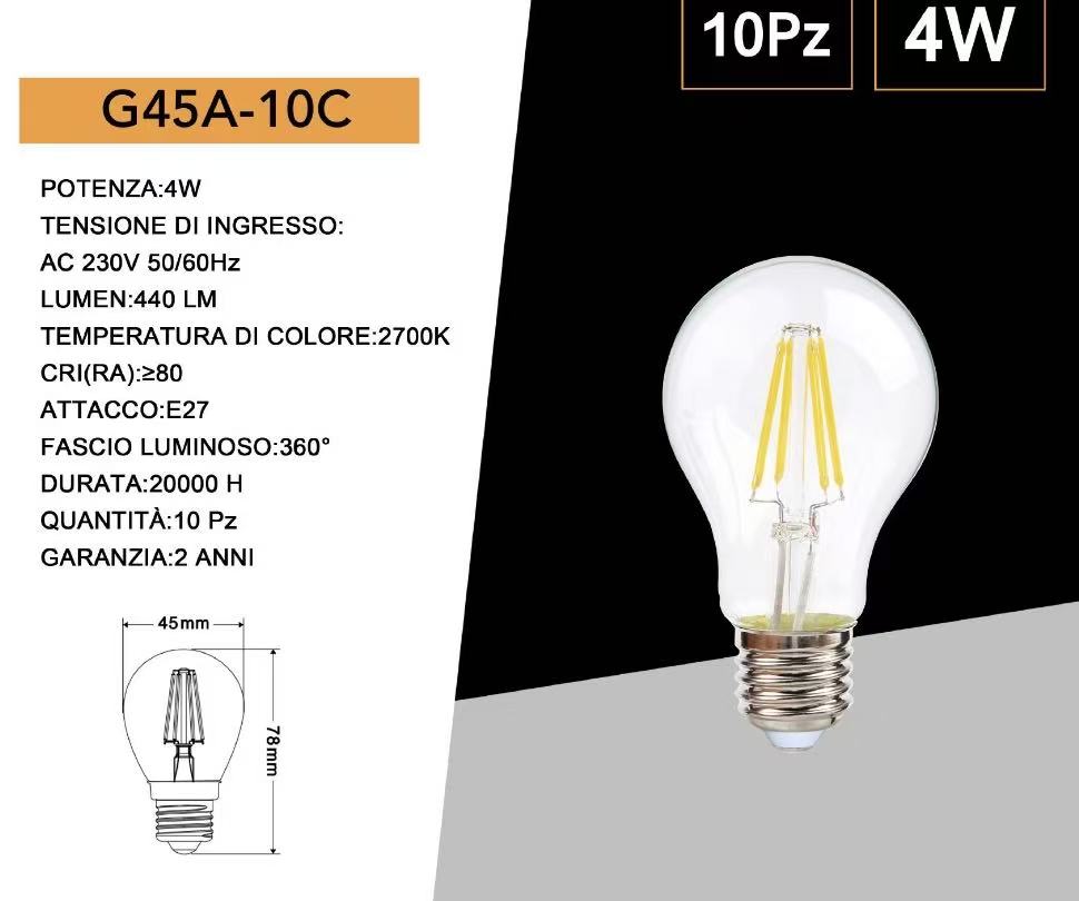 Lampadine LED E27 G45 4W, Confezione da 10 Pezzi, 440LM, Luce Calda 2700K, Lampadine LED in Vetro Trasparente, Illuminazione a 360°, Basso Consumo Energetico, Modello G45A-10C