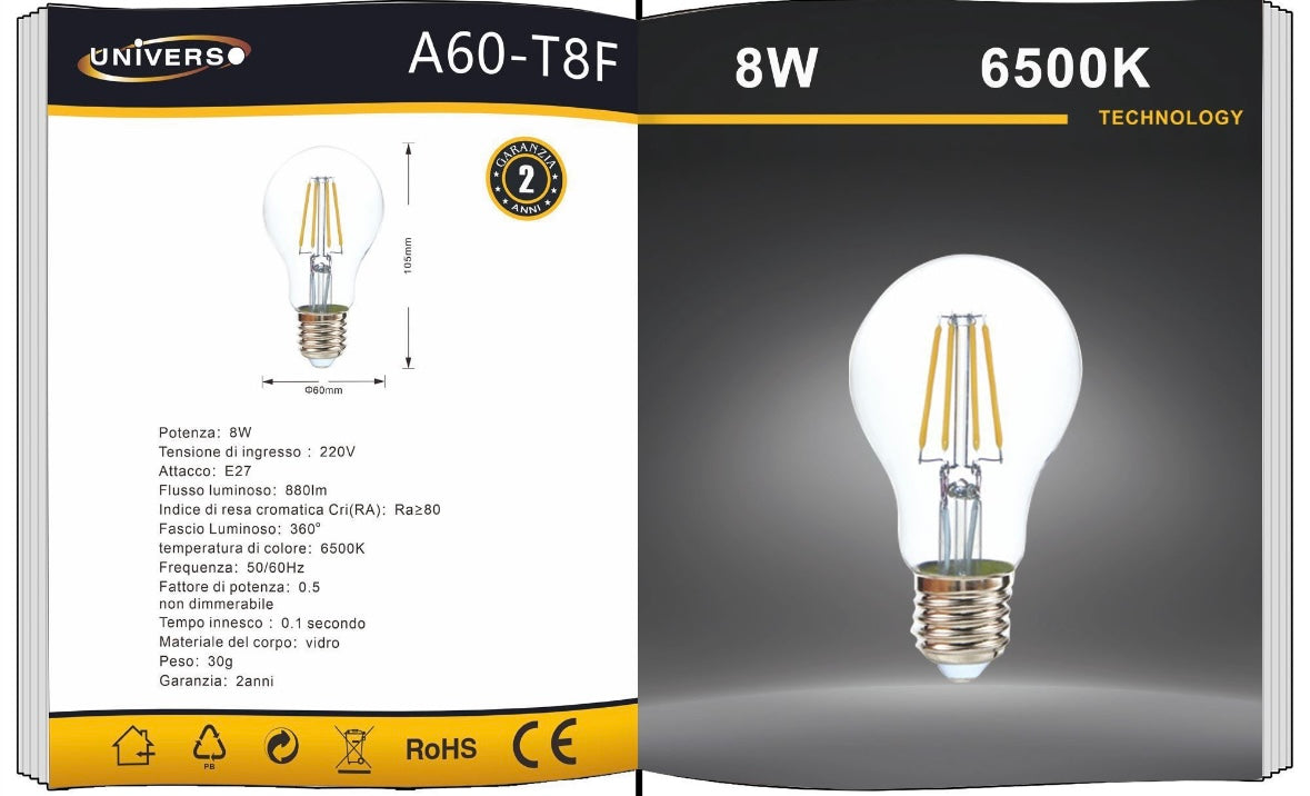 Lampadine LED E27 A60 8W, Confezione da 5 Pezzi, 880LM, 2700K/4000K/6500K, Lampadine in Vetro Trasparente, Luce a 360°, Basso Consumo Energetico, Non Dimmerabili, Modello A60-T8