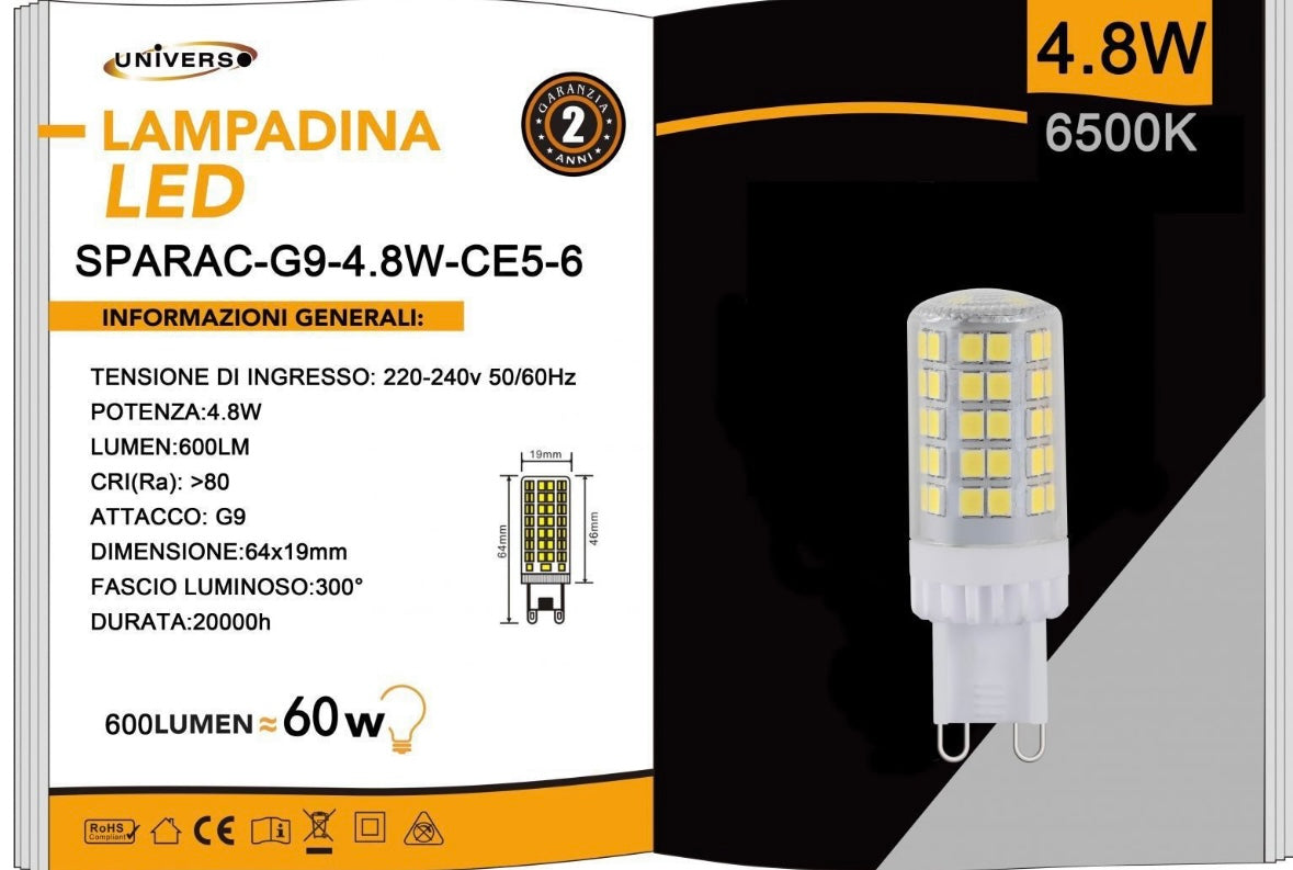 Lampadine LED G9 4,8W 600LM 10 Pezzi 220-240V SPARAC-G9-4.8W-CE5