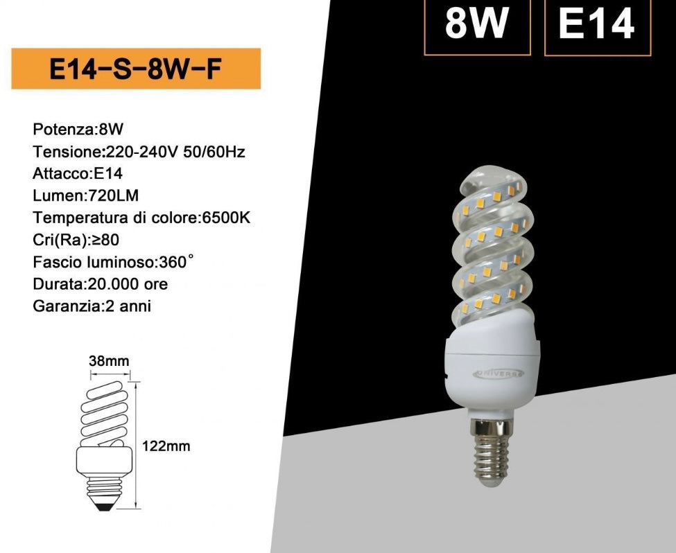 Lampadine LED E14 8W, Confezione da 10 Pezzi, 720LM, 3000K/4000K/6500K, Lampadina LED a Spirale, Luce Calda/Naturale/Fredda, CRI>80, Illuminazione 360°, Risparmio Energetico, Modello E14-S-8W