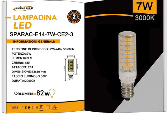 Lampadine LED E14 7W 820LM 3000K, 10 Pezzi, Luce Calda, Formato Compatto 19x73mm, 220-240V, SPARAC-E14-7W-CE2-3