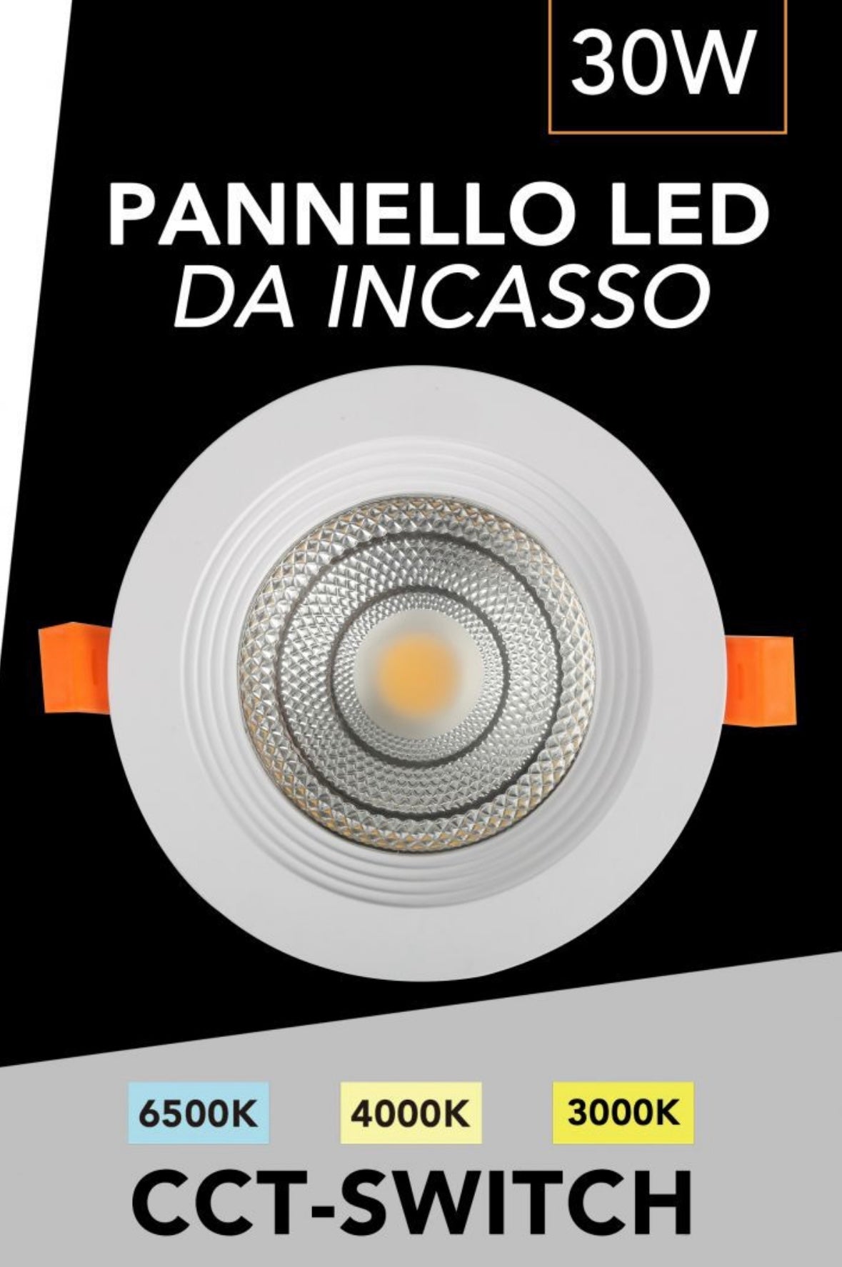 Faretto LED da Incasso Rotondo 30W 3000LM, 3 Temperature Colore Selezionabili 3000K 4000K 6500K, Pannello LED Ø250mm, Foro Ø225mm, Fascio 120°, CRI≥80, IP20, 1 Pezzo, N-215-3C