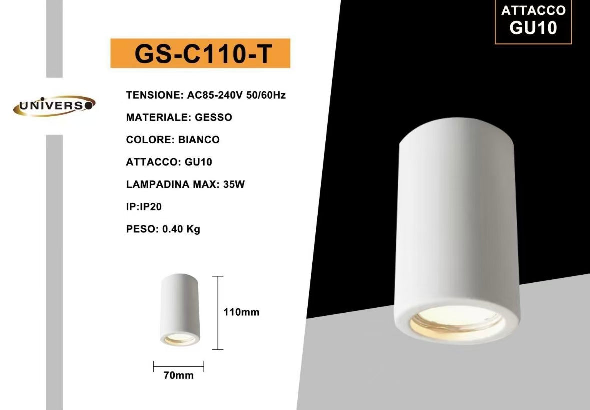 Portafaretto in Gesso GU10 da Soffitto, Faretto da Incasso Verniciabile, Design Cilindrico Bianco, per Cartongesso, Lampadina Non Inclusa GS-C110-T
