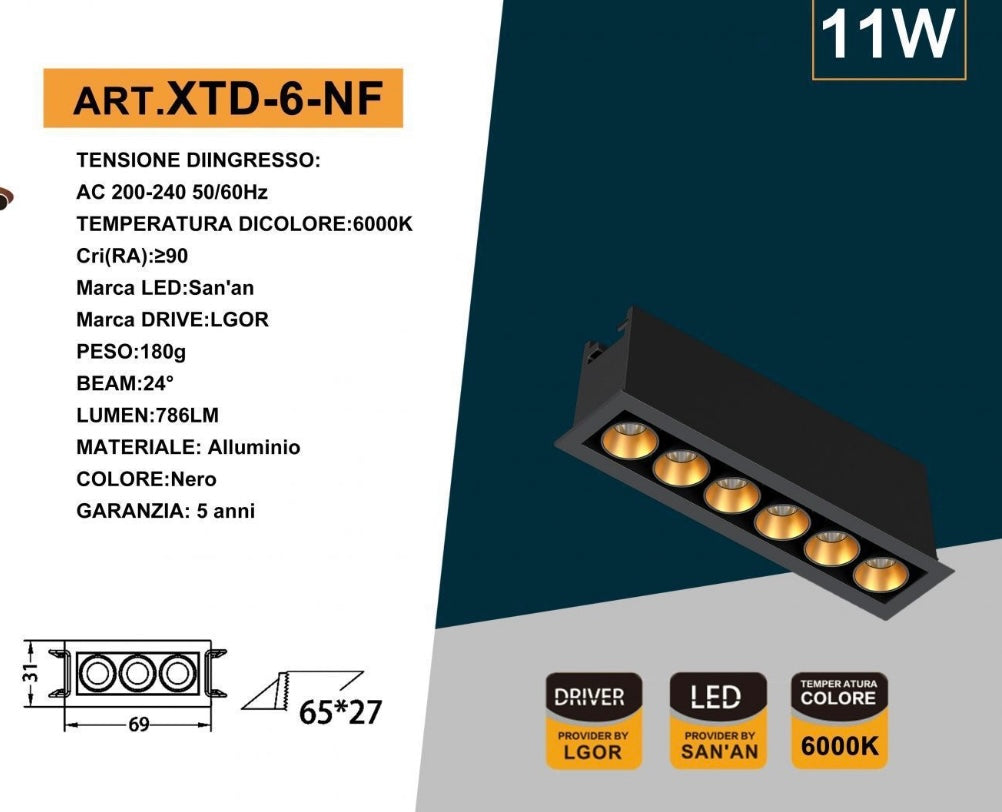 Faretto LED da Incasso Rettangolare 11W, 6 Spot, CRI ≥90, Fascio 24°, Alluminio Nero, Faretti da Incasso per Cartongesso e Controsoffitto, 3000K/4000K/6500K, 1 Pezzo, XTD-6-N