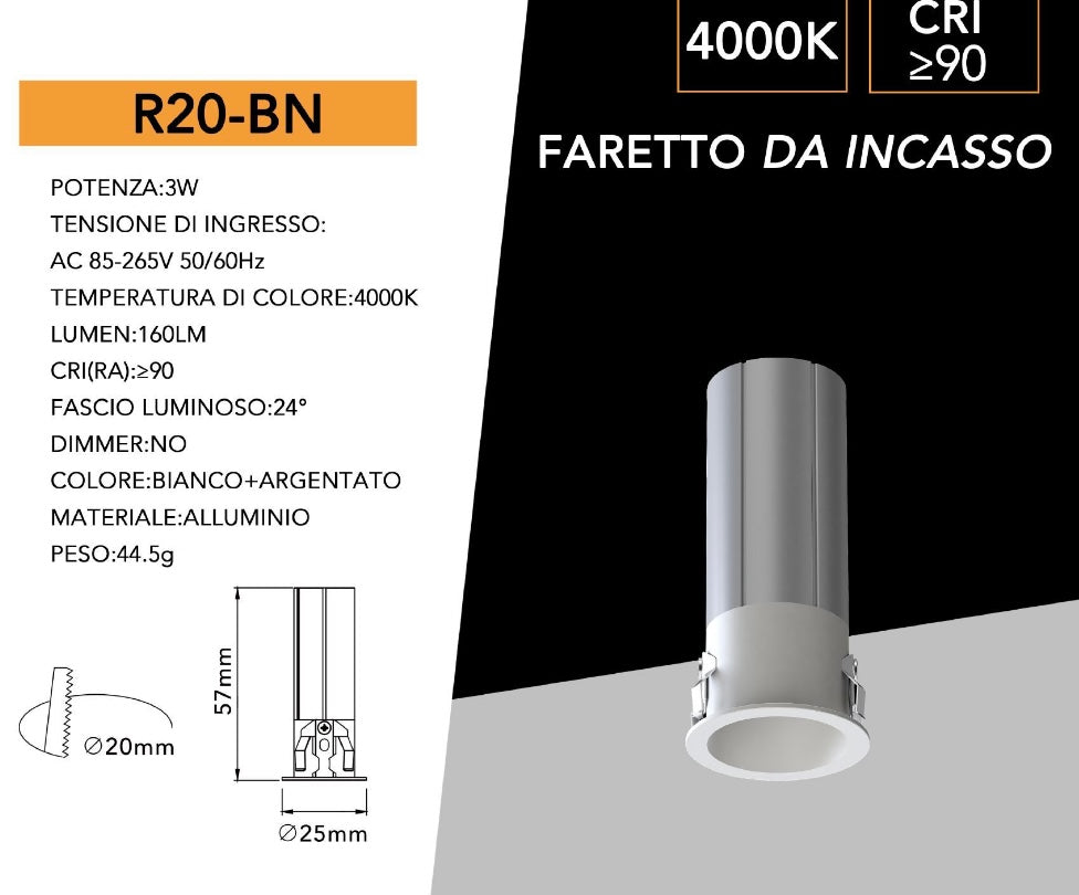 Mini Faretto LED COB da Incasso 3W, CRI≥90, Fascio 24°, Foro Ø20 mm, Alluminio Bianco/Argento, Luce d’Accento per Vetrine, Mobili, Mensole e Soffitti, 3000K / 4000K / 6000K, Modelli R20-B