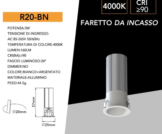 Mini Faretto LED COB da Incasso 3W, CRI≥90, Fascio 24°, Foro Ø20 mm, Alluminio Bianco/Argento, Luce d’Accento per Vetrine, Mobili, Mensole e Soffitti, 3000K / 4000K / 6000K, Modelli R20-B