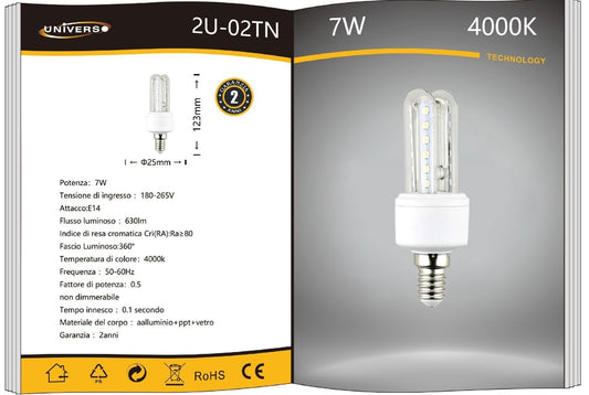 Lampadine LED E14 7W, Confezione da 6 Pezzi, 630LM, Luce Calda 3000K / Naturale 4000K / Fredda 6500K, Mini Lampadina LED E14, Emissione 360°, CRI>80, Basso Consumo,Modelli 2U-02T