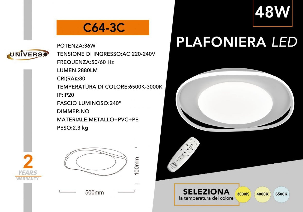 Plafoniera LED 48W Moderna Ø50 cm con Telecomando, 3 Colori CCT 3000K/4000K/6500K, 2880LM, Lampada da Soffitto per Soggiorno Camera Cucina, Design Elegante Bianco C64