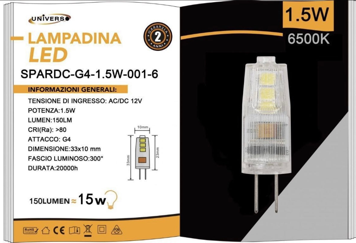 Lampadine LED G4 1.5W 150LM 12V 10 Pezzi SPARDC-G4-1.5W-001
