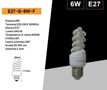 Lampadine LED E27 6W, Confezione da 10 Pezzi, 540LM, 3000K/4000K/6500K, Lampadina LED a Spirale, Luce Calda/Naturale/Fredda, CRI>80, Illuminazione 360°, Risparmio Energetico, Modello E27-S-6W