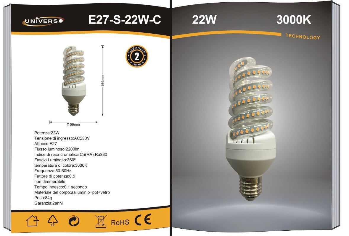 Lampadine LED E27 22W, Confezione da 10 Pezzi, 2200LM, 3000K/4000K/6500K, Luce Calda, Naturale e Fredda, Lampadina LED a Spirale, CRI>80, Illuminazione 360°, Risparmio Energetico, E27-S-22W