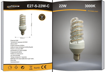 Lampadine LED E27 22W, Confezione da 10 Pezzi, 2200LM, 3000K/4000K/6500K, Luce Calda, Naturale e Fredda, Lampadina LED a Spirale, CRI>80, Illuminazione 360°, Risparmio Energetico, E27-S-22W