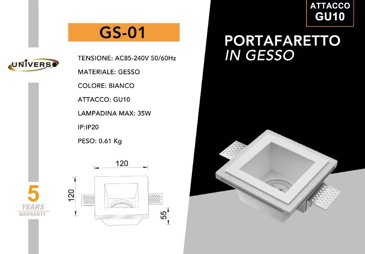 Portafaretto in Gesso da Incasso GU10 – Faretto da Incasso in Gesso Verniciabile, Bianco, IP20, Max 35W, per Controsoffitto Cartongesso GS-01