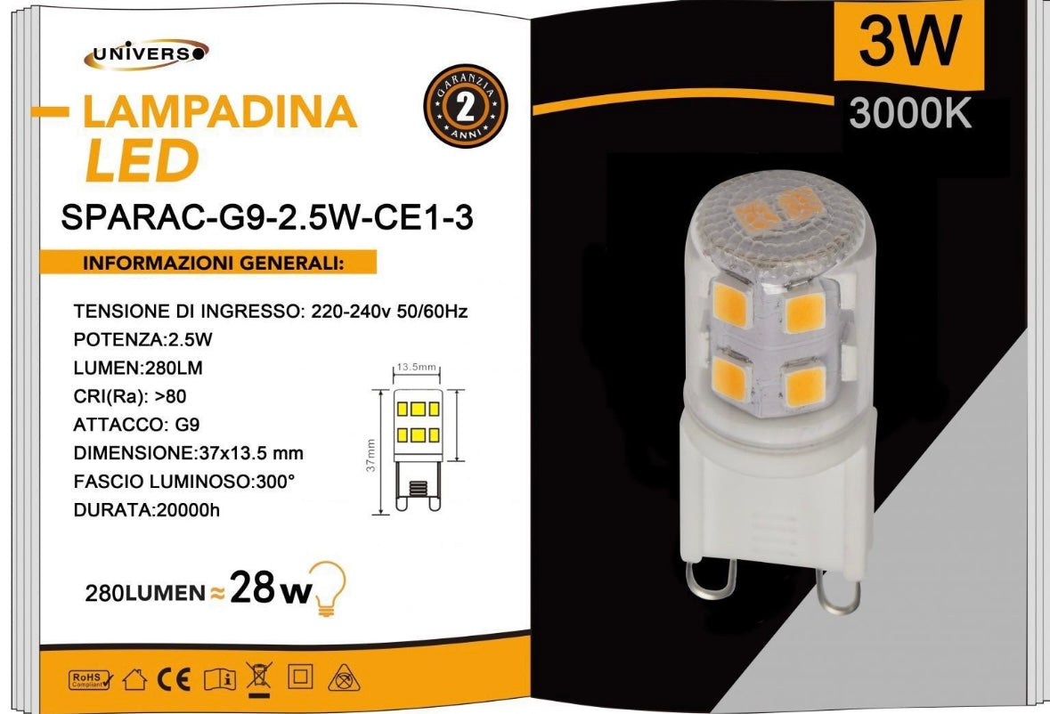 Lampadine LED G9 2.5W 280LM 10 Pezzi 220-240V SPARAC-G9-2.5W-CE1