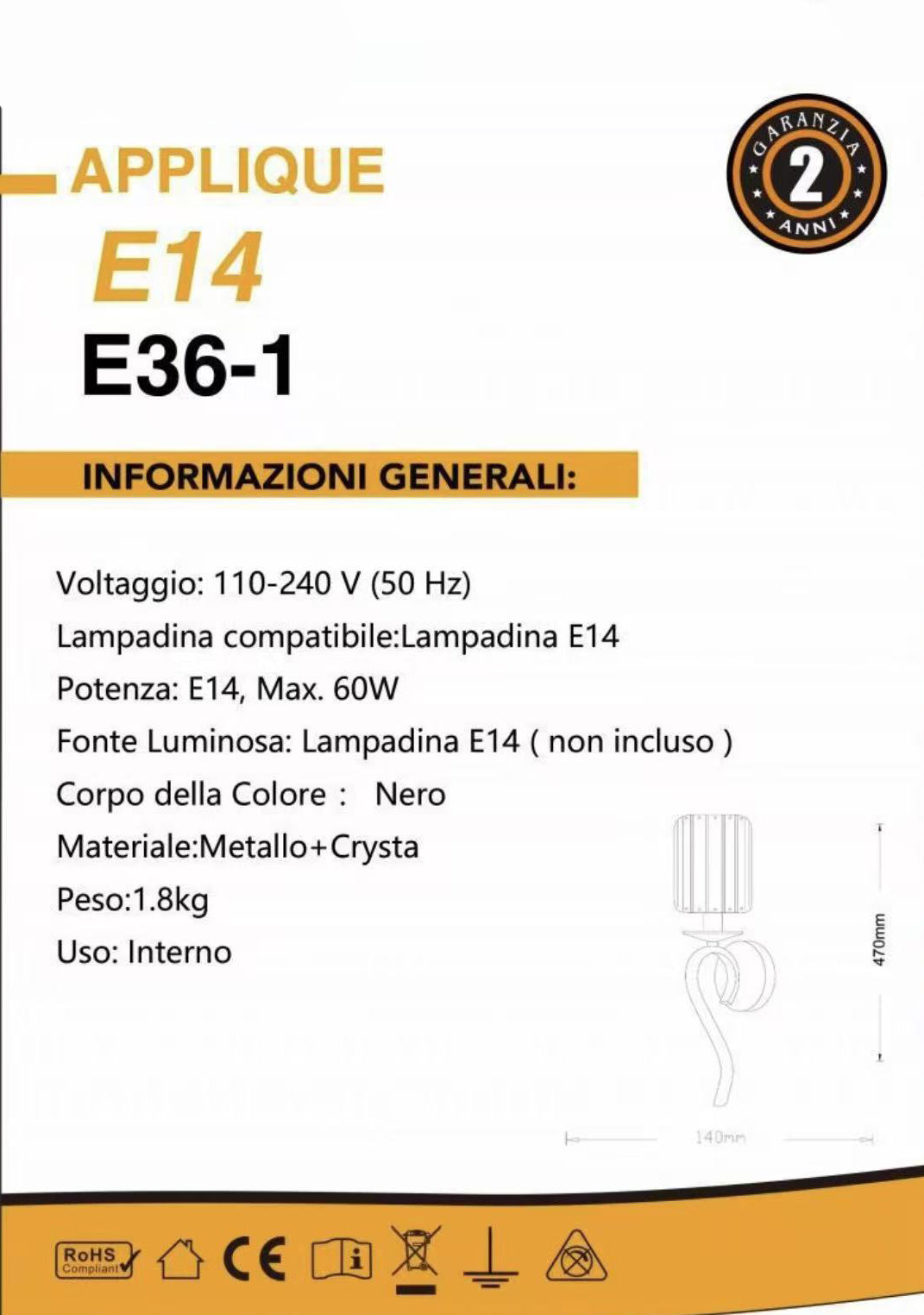 TEKHOME Applique da Parete in Cristallo Nero E36-1, Portalampada E14, Lampada da Muro Classica in Metallo e Vetro per Soggiorno, Camera e Corridoio