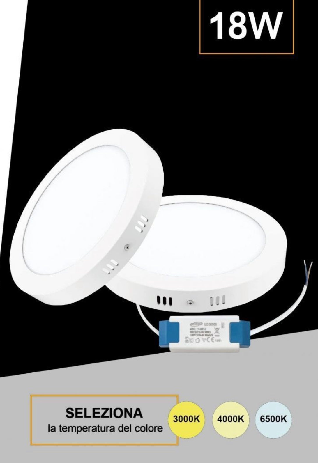 Pannello LED Rotondo da Soffitto 18W 1800LM, 3 Temperature Colore Selezionabili 3000K 4000K 6500K, Plafoniera LED Ø225mm, Altezza 35mm, Fascio 120°, CRI≥80, IP20, 1 Pezzo, P-225B-T3C
