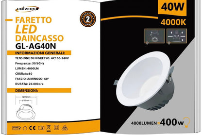 Faretto LED da Incasso 40W 4000LM, Downlight LED Rotondo da Soffitto, Ø225mm Foro Ø195mm, Fascio 60°, CRI ≥80, 3000K 4000K 6500K, 1 Pezzo, GL-AG40