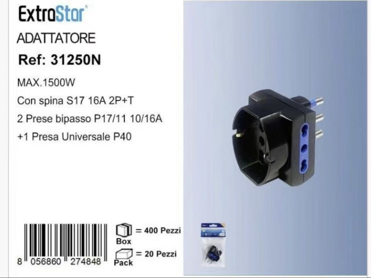 5 Pezzi Adattatore Presa 16A con Spina Schuko, 2 Prese Bipasso 10/16A + Presa Universale, Max 1500W, – Mod. 31250 / 31250N