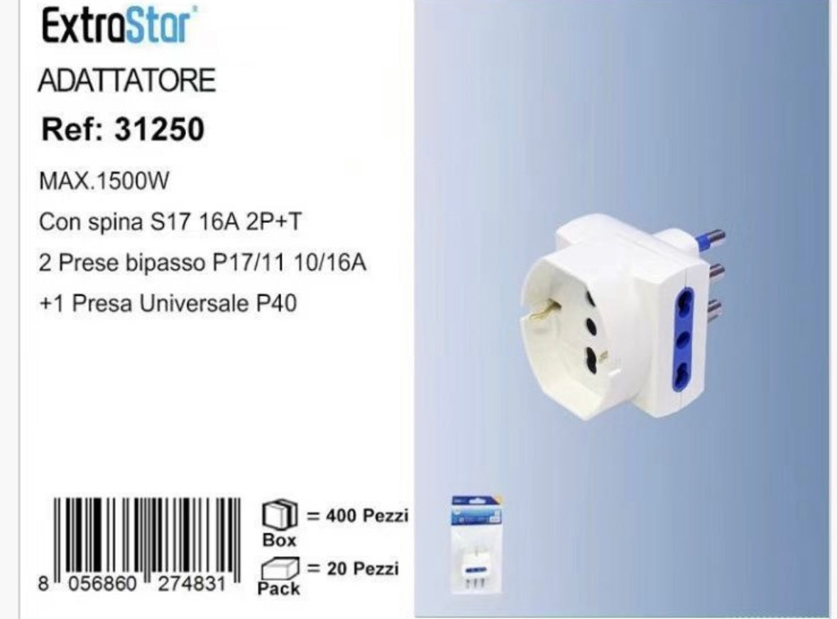 5 Pezzi Adattatore Presa 16A con Spina Schuko, 2 Prese Bipasso 10/16A + Presa Universale, Max 1500W, – Mod. 31250 / 31250N