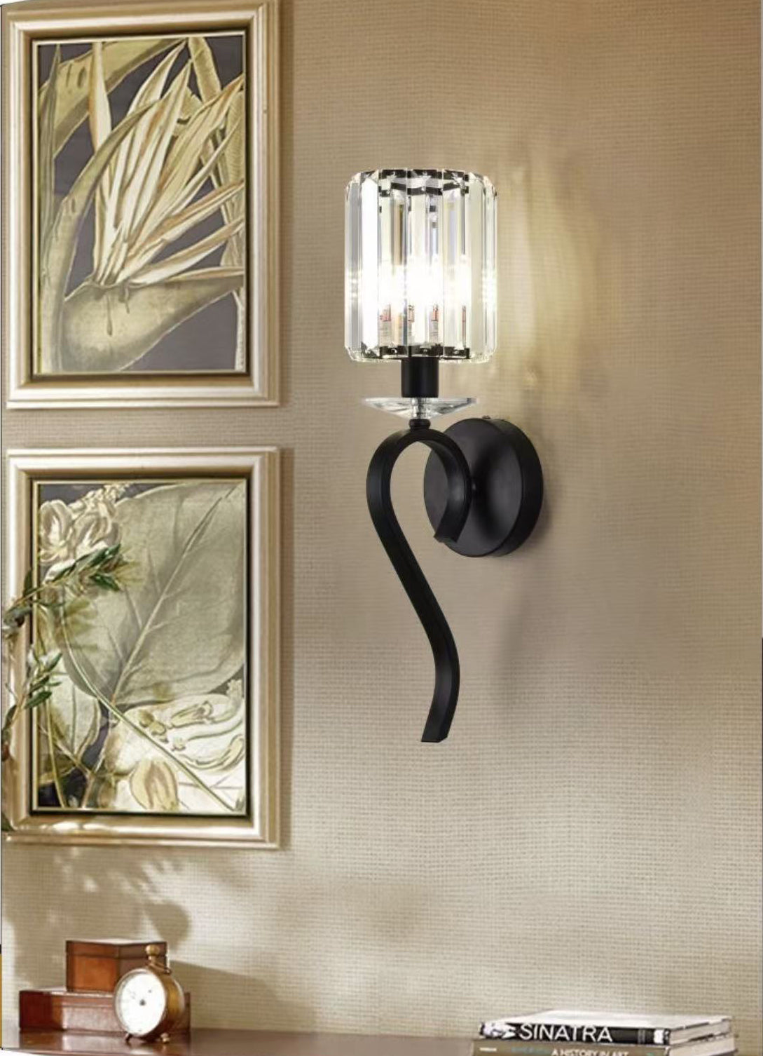 TEKHOME Applique da Parete in Cristallo Nero E36-1, Portalampada E14, Lampada da Muro Classica in Metallo e Vetro per Soggiorno, Camera e Corridoio