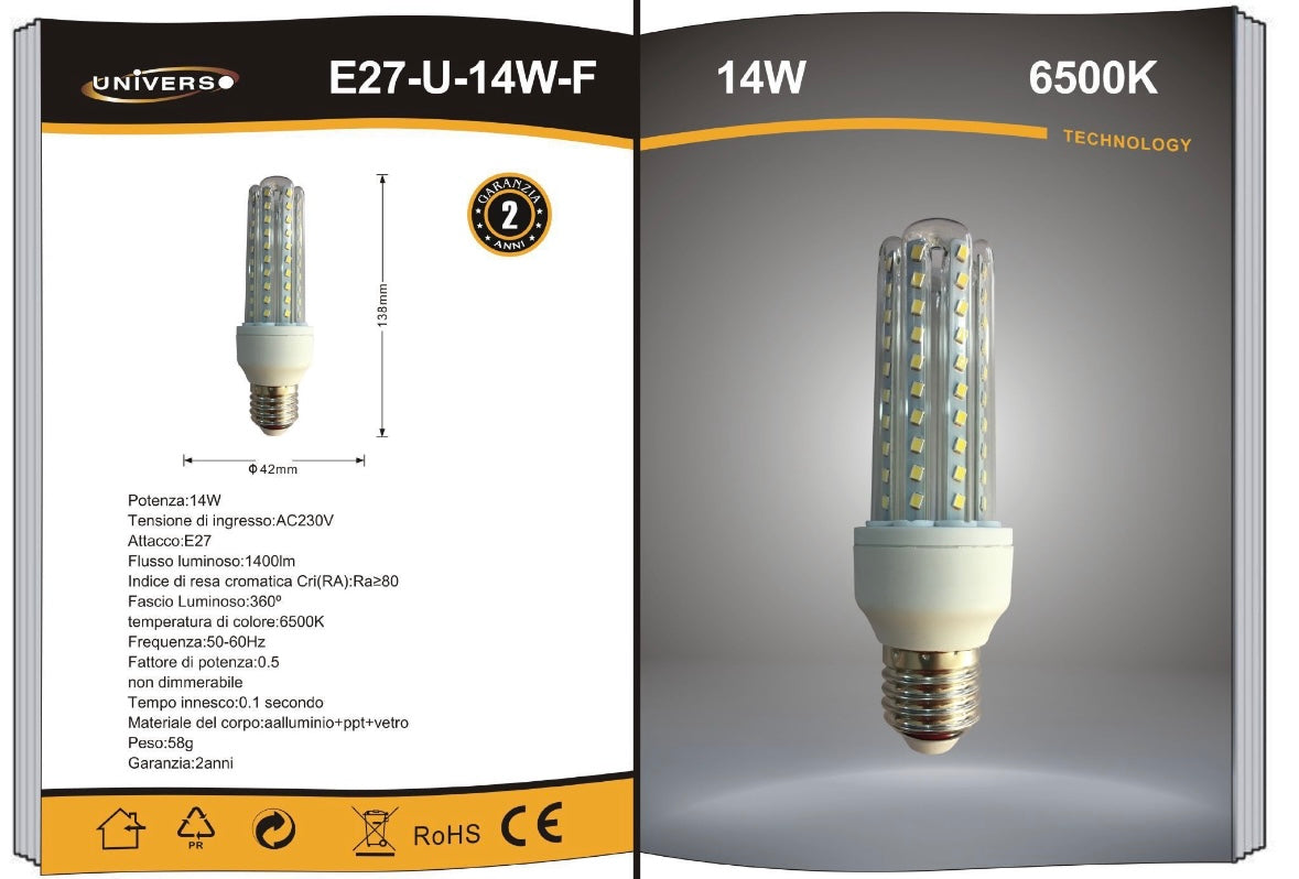 Lampadine LED E27 14W, Confezione da 10 Pezzi, 1400LM, 3000K/4000K/6500K, Luce Calda, Naturale e Fredda, Lampadina LED a U, CRI>80, Illuminazione 360°, Risparmio Energetico, Modello E27-U-14W