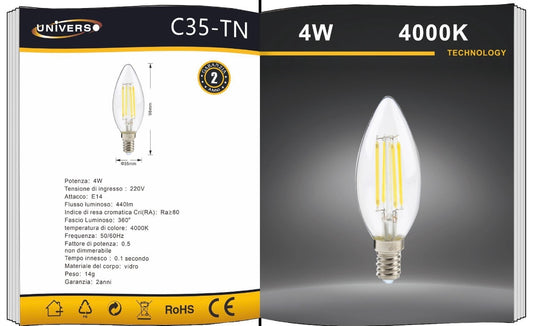 Lampadine LED E14 4W, Confezione da 5 Pezzi, 440LM, 3000K/4000K/6500K, Lampadine LED Decorative in Vetro Trasparente, Luce a 360°, Basso Consumo, Non Dimmerabili, Modello C35-TN