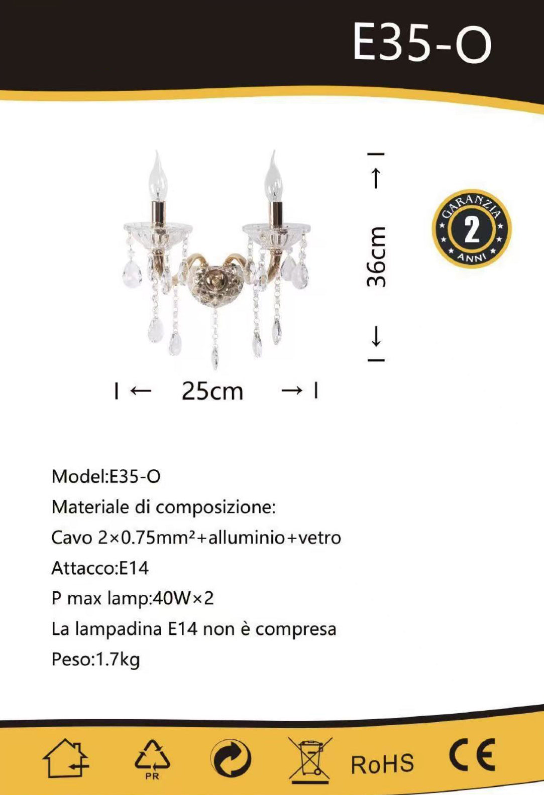 TEKHOME Applique da Muro Classica in Cristallo 2 Luci, Portalampada E14, Lampada da Parete Stile Candelabro, Vari Colori E35