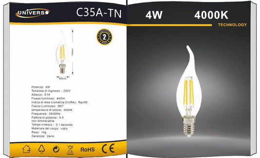 Lampadine LED E14 4W, Confezione da 5 Pezzi, 440LM, 3000K/4000K/6500K, Lampadine Decorative a Candela Curva in Vetro Trasparente, Luce 360°, Basso Consumo, Non Dimmerabili, Modello C35A-T
