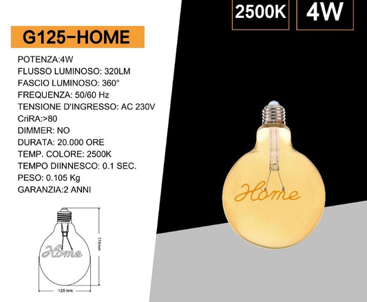 Lampadine LED Decorative E27 G125 Home, Confezione da 5 Pezzi, 4W 2500K, 320LM, Globo XL Ø125mm, Vetro Ambrato, Design con Scritta “Home”, Luce Extra Calda, 360°, Modello G125-HOME