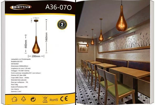 Lampada a Sospensione in Vetro Ambra E27, Stile Moderno, Regolabile 40–120 cm, Paralume in Vetro Soffiato, Ideale per Cucina Soggiorno Bar Ristorante – A36-07O