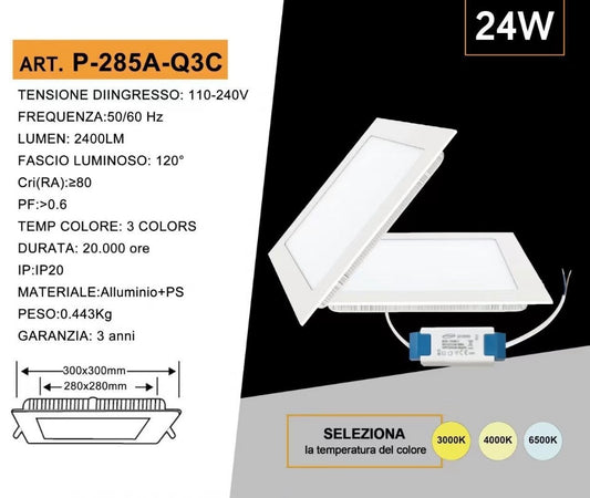 Faretto LED da Incasso Quadrato 24W 2400LM, 3 Colori Selezionabili 3000K 4000K 6500K, Pannello LED Ultrasottile 300x300mm, Foro 280x280mm, Fascio 120°, CRI≥80, 1 Pezzo, P-285A-Q3C