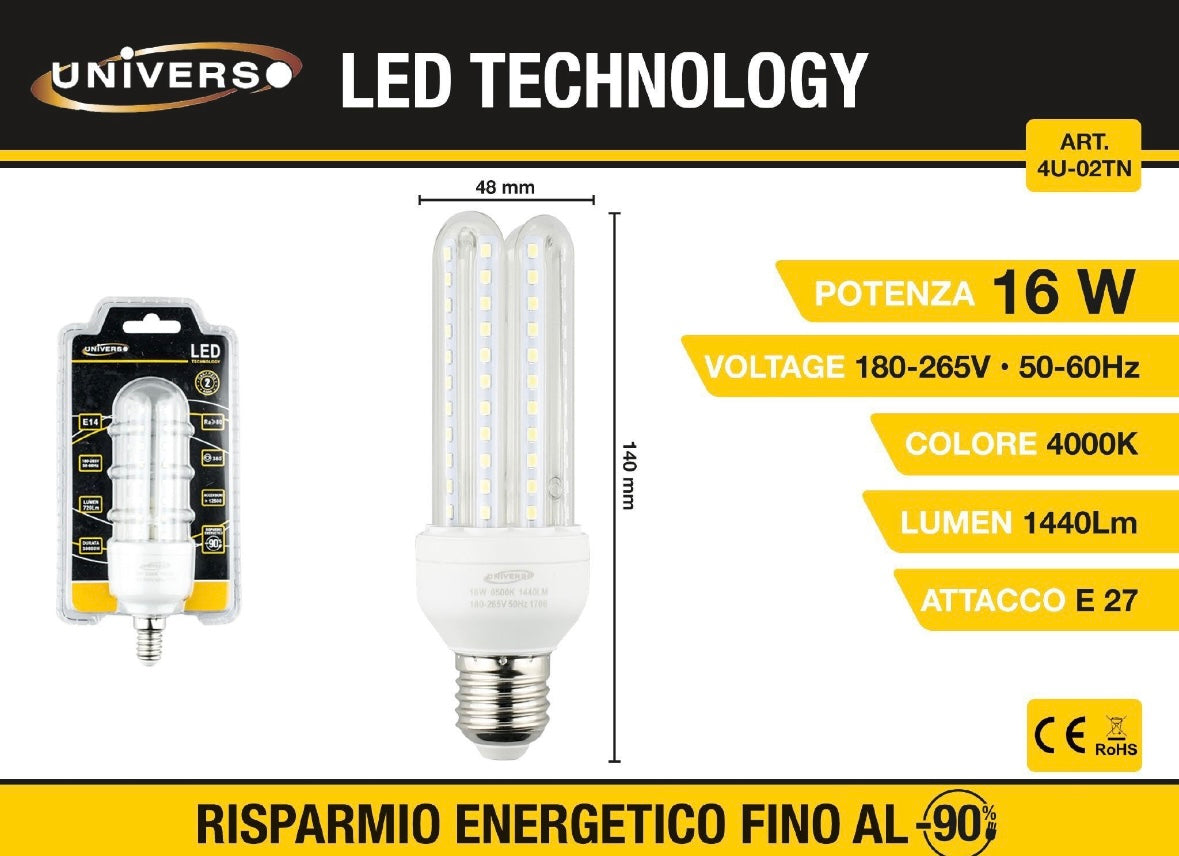Lampadine LED E27 16W, Confezione da 6 Pezzi, 1440LM, 4000K Luce Naturale, Lampadina LED a Mais, Fascio Luminoso 360°, CRI>80, Basso Consumo Energetico, Non Dimmerabile, Modello 4U-02TN
