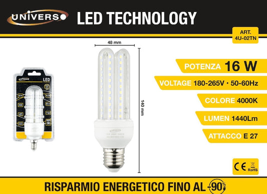 Lampadine LED E27 16W, Confezione da 6 Pezzi, 1440LM, 4000K Luce Naturale, Lampadina LED a Mais, Fascio Luminoso 360°, CRI>80, Basso Consumo Energetico, Non Dimmerabile, Modello 4U-02TN