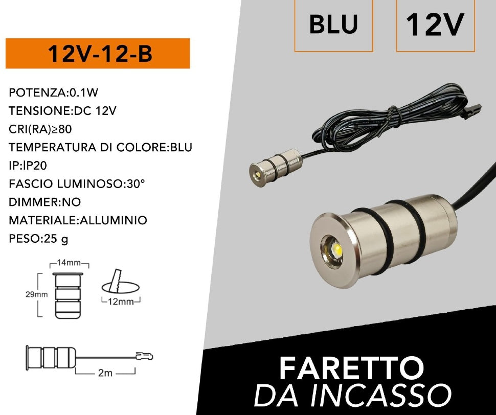 Mini Faretti LED da Incasso 12V DC 0,1W, Kit da 5 Pezzi, Foro Ø12 mm, Corpo in Alluminio, Cavo da 2 m, Mini Spot LED per Camper, Barca, Mobili, Vetrine e Illuminazione Decorativa, 12V-12