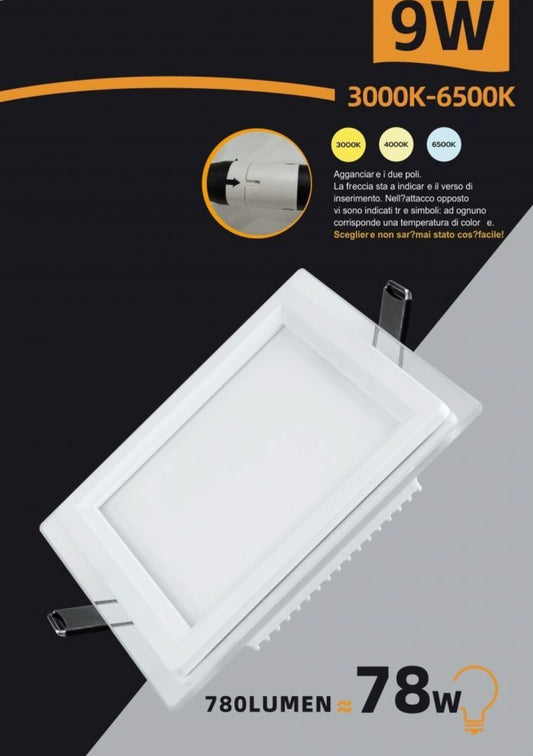 Faretto LED da Incasso Quadrato 9W 780LM, 3 Colori Selezionabili 3000K 4000K 6500K, Pannello LED 120x120mm, Foro 95x95mm, Fascio 120°, CRI≥80, 1 Pezzo, P-94E-Q3C