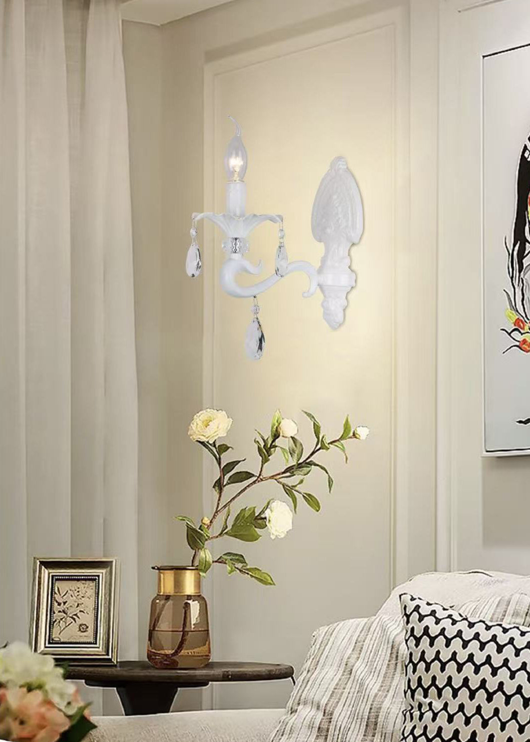 TEKHOME Applique da Parete Classica 1 Luce,Stile Candelabro con Pendenti in Vetro,Attacco E14,Struttura in Metallo,Nero/Bianco,Lampada da Parete per Camera da Letto,Soggiorno e CorridoioE43-1