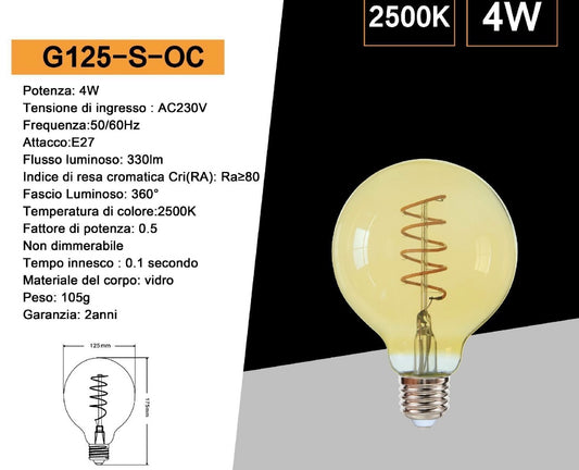 Lampadine LED E27 G125 4W, Confezione da 5 Pezzi, Globo XL Ø125mm, Luce Calda 2500K, 330LM, Vetro Ambrato con Design Spiral, Illuminazione a 360°, Basso Consumo Energetico, G125-S-OC