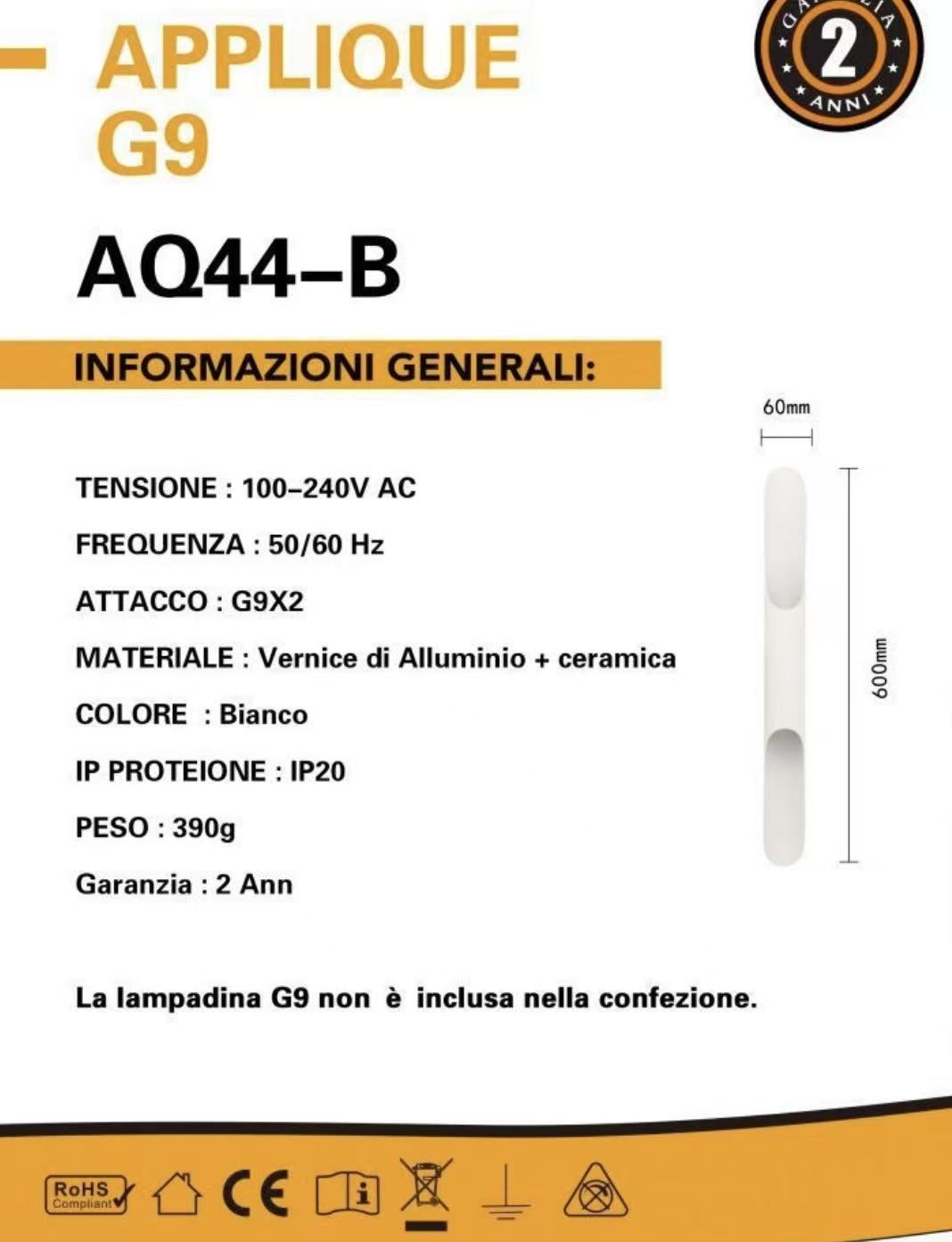 TEKHOME Applique da Muro Moderna con Attacco G9, Corpo Bianco, 1 Luce, Lampada da Parete in Alluminio e Ceramica per Soggiorno Camera da Letto Corridoio, Interno AQ44-B
