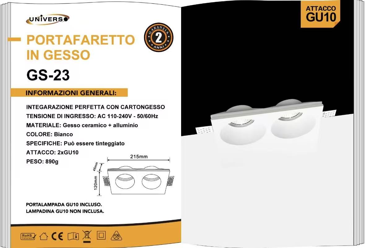 Portafaretto in Gesso da Incasso 2xGU10, Faretto Doppio per Cartongesso Verniciabile, Bianco, Portalampada Incluso (Lampadine Non Incluse) GS-23