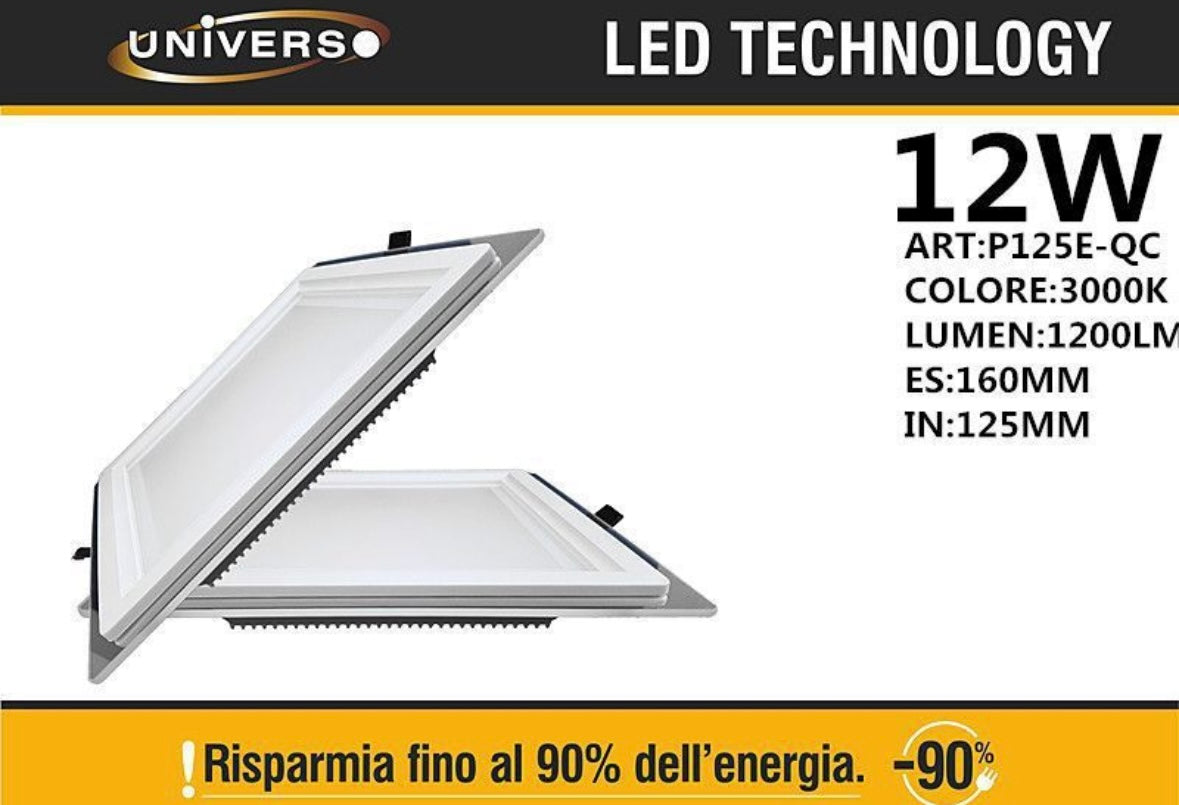 Pannello LED da Incasso Quadrato 12W 1200LM 3000K Luce Calda, Faretto LED da Soffitto 160x160mm, Foro 125x125mm, Pannello da Incasso per Cartongesso, 1 Pezzo, P125E-QC