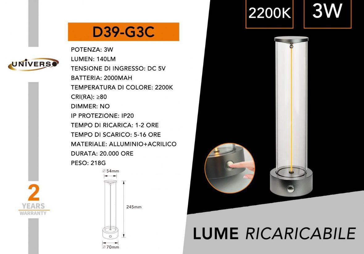 Lampada da Tavolo LED Ricaricabile 3W – Lume Senza Fili 2200K Luce Calda, Touch Control, USB, Design Moderno in Alluminio e Acrilico – Uso Interno D39