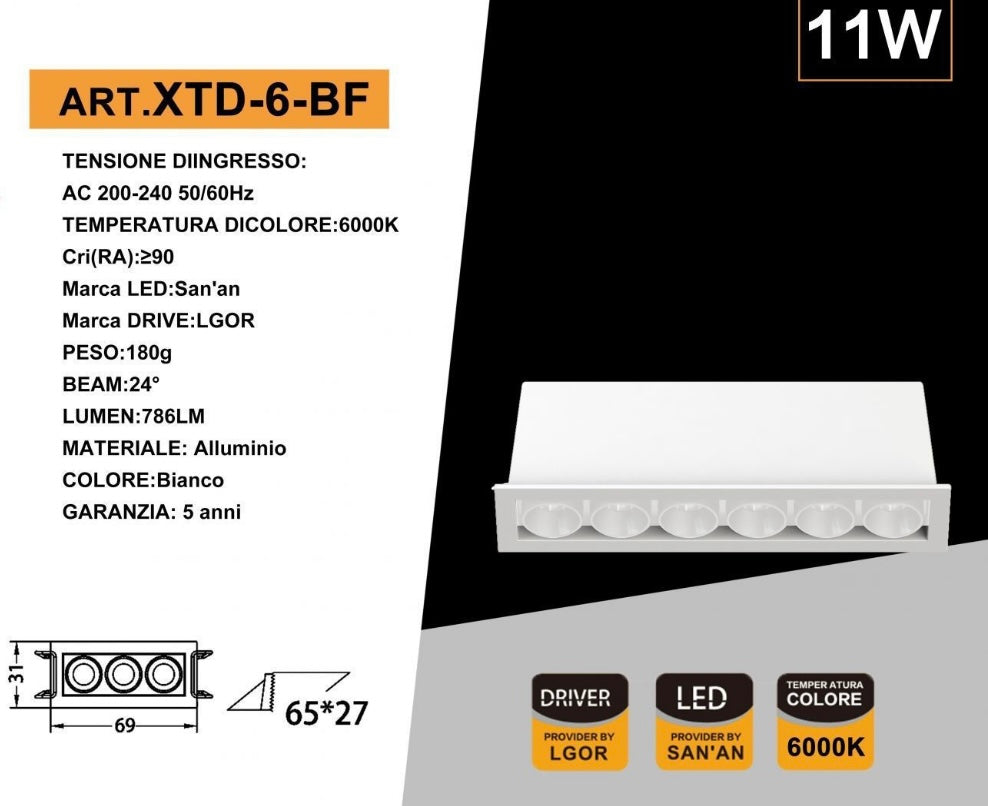 Faretto LED da Incasso Rettangolare 11W, 6 Spot, CRI ≥90, Fascio 24°, Alluminio Bianco, Faretti da Incasso per Cartongesso e Controsoffitto, 3000K/4000K/6500K, 1 Pezzo, XTD-6-B