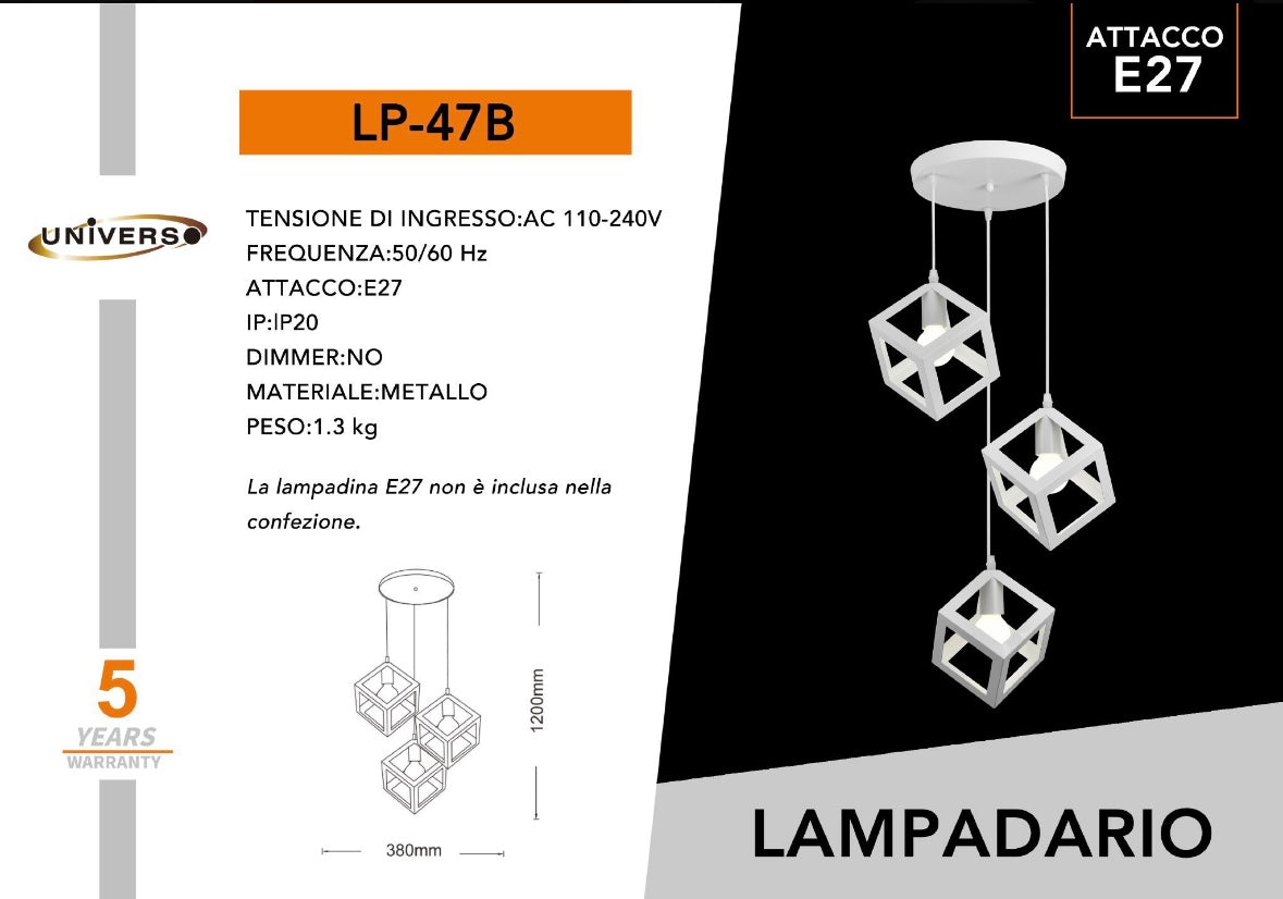 Lampadario a Sospensione con 3 Cubi Metallo, Attacco E27, Stile Moderno Industriale per Cucina Soggiorno Camera da Letto – 120cm Regolabile.Bianco/Nero/Marrone LP-47