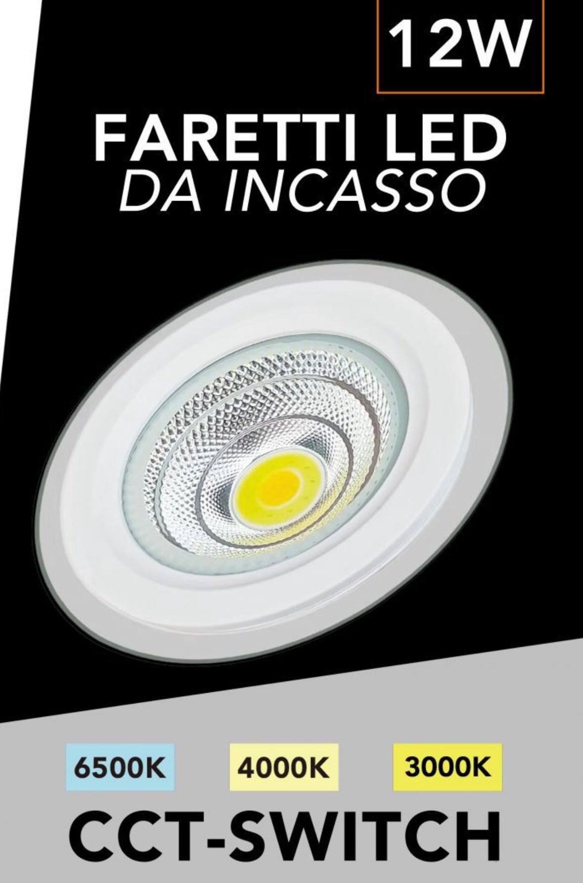 Faretto LED da Incasso Rotondo 12W 1070LM, 3 Temperature Colore Selezionabili 3000K 4000K 6500K, Tecnologia COB, Ø160mm, Foro Ø125mm, Fascio 120°, CRI≥80, IP20, 1 Pezzo, COB-125-3C