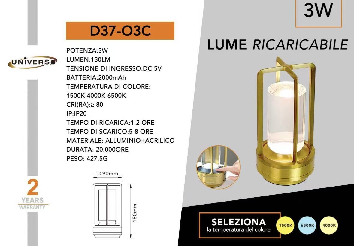 Lampada LED da Tavolo Ricaricabile 3W – Luce Portatile Touch con 3 Temperature di Colore, Batteria 2000mAh, Design Moderno in Alluminio e Acrilico – Uso Interno D37
